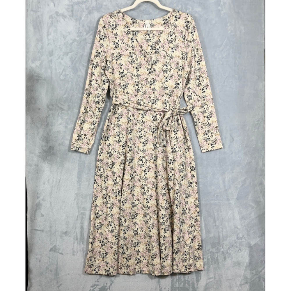 Pact Women Dress L Cream Floral Organic Cotton Midi Long Sleeve Pockets Cottage